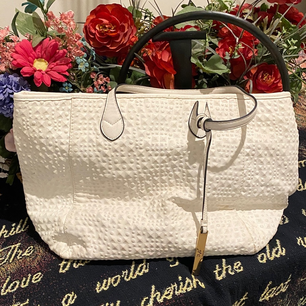 Versace White Embossed Tote with Black Accents